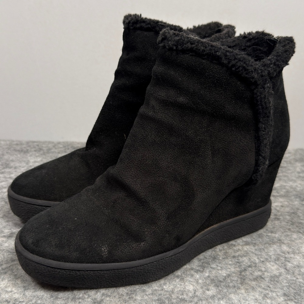Aquatalia Ankle Boots Womens 8 Black Suede Shearling Faux Fur Trim Wedge Booties - Picture 9 of 11